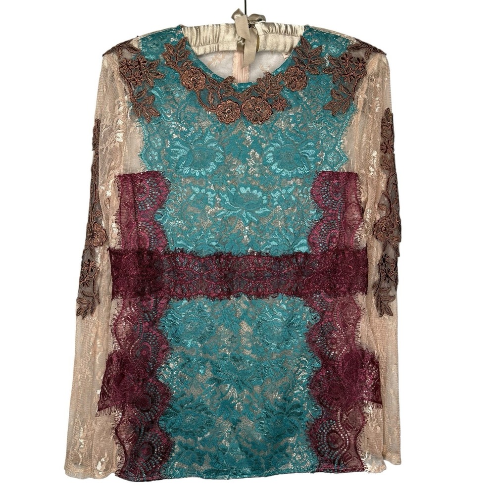 Sundance Lace Blouse Top Floral Embroidered Teal Burgundy Size‎ 10 Boho Whimsy